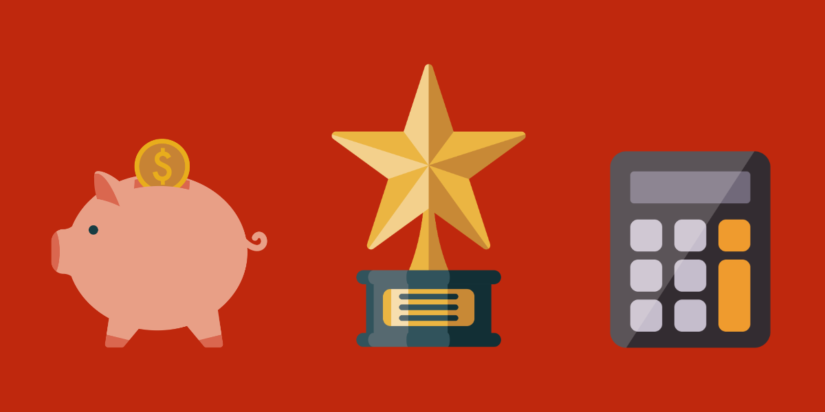 A piggy bank, trophy, and calculator